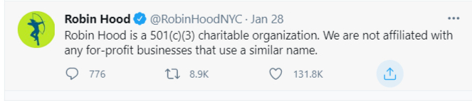 Screen shot of Robin Hood charity tweet