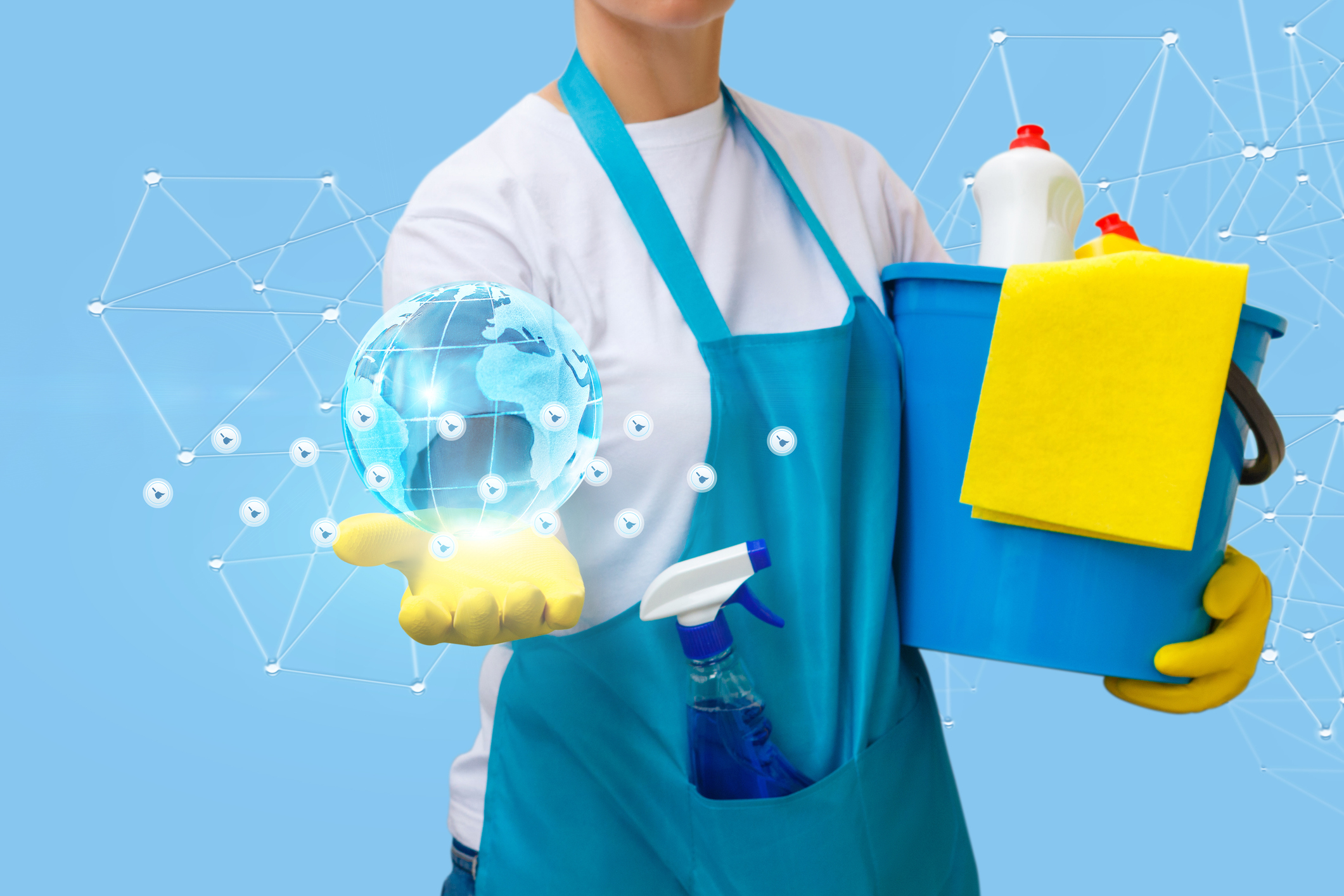 Cleaning lady shows a network of cleaning companies all over the world.